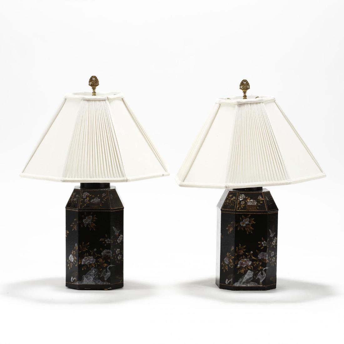 Chelsea House, Pair of Chinoiserie Tea Canister Form: Chelsea House, Pair of Chinoiserie Tea Canister Form Table Lamps late 20th century, black lacquer with painted and gilt decoration, with shades, labeled. HOA 29 in. From the Collection of Banks C. and