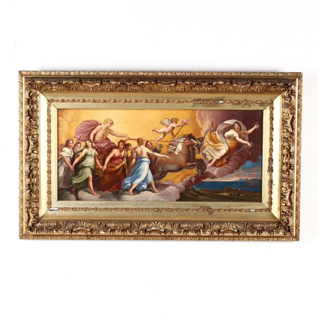 after Guido Reni (Italian, 1575-1642), Aurora: after Guido Reni (Italian, 1575-1642), Aurora oil on canvas, unsigned, late 19th century, presented in the likely original gilt composition frame. DOA 24 x 40 in. After Reni's fresco painted in 1614 f