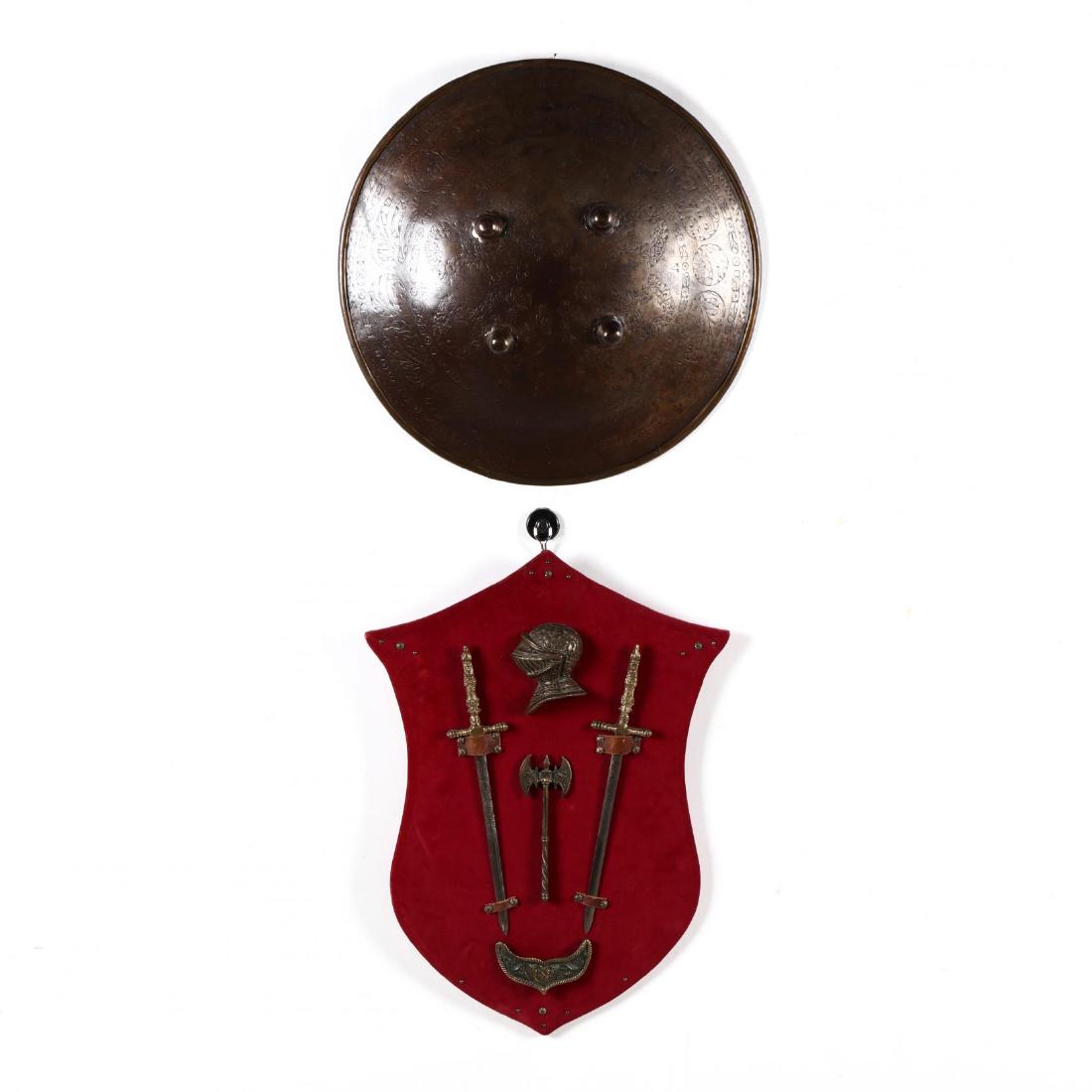Vintage Italian Diminutive Armorial Plaque and Persian: Vintage Italian Diminutive Armorial Plaque and Persian Shield mid 20th century, including a shield form red velvet plaque with bronze and steel armor and swords marked Made in Italy; together with a c
