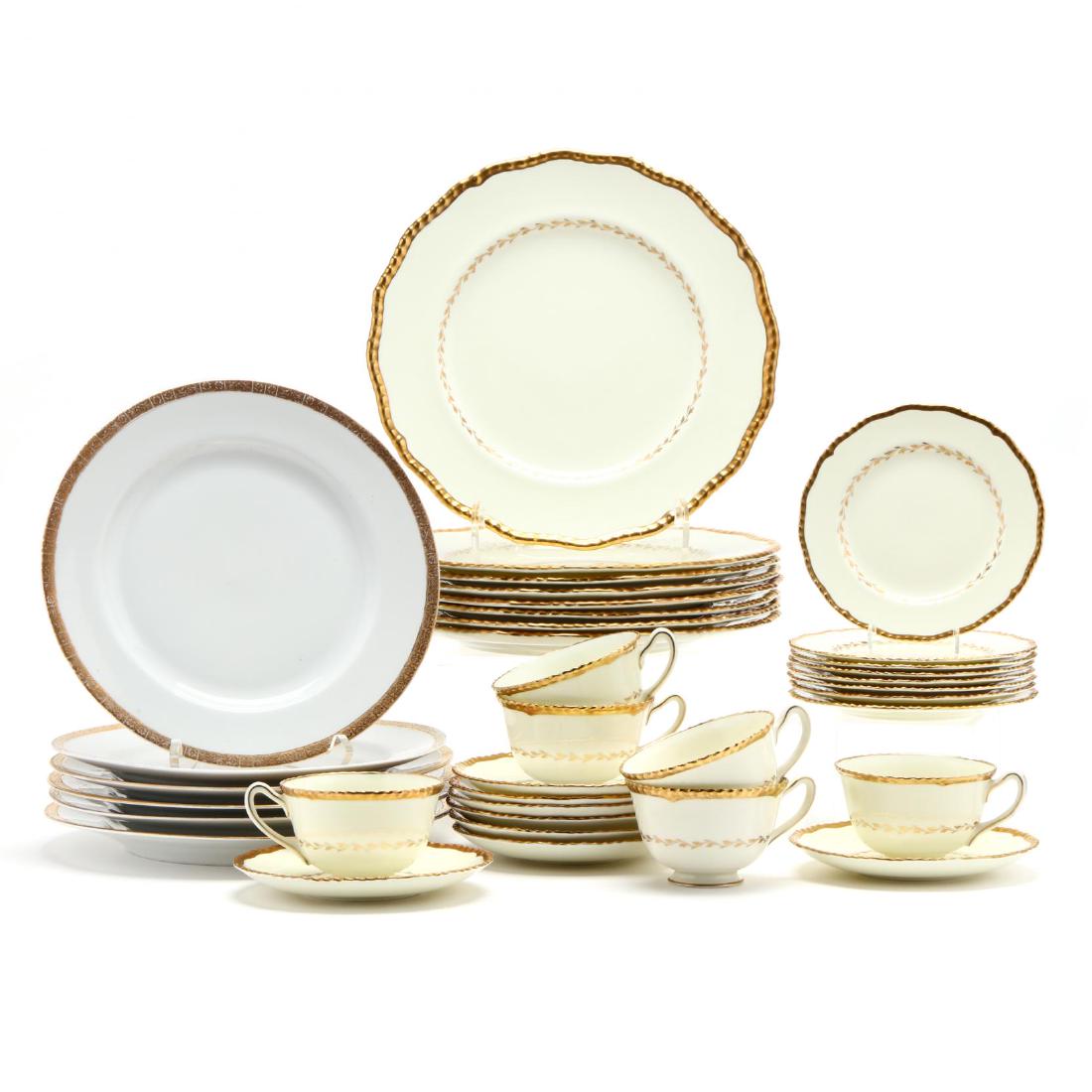 Royal Doulton Belvedere And Associated Tablewares: Royal Doulton Belvedere And Associated Tablewares mid 20th century, gilt decoration, to include eight dinner plates (10.5 in.), eight bread plates (6 in.), eight saucers (6 in.), and four teacups; alo
