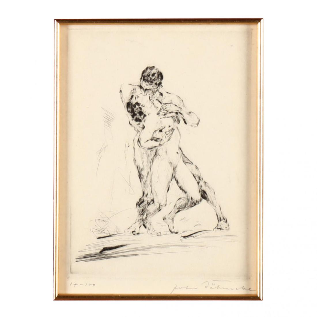 German School, Lovers' Embrace: German School, Lovers' Embracelate 19th/early 20th century, etching with drypoint, sheet bears indiscernible pencil signature and numbering 17/100 lower margin, matted and framed. Platemark 6 1/4 x 4