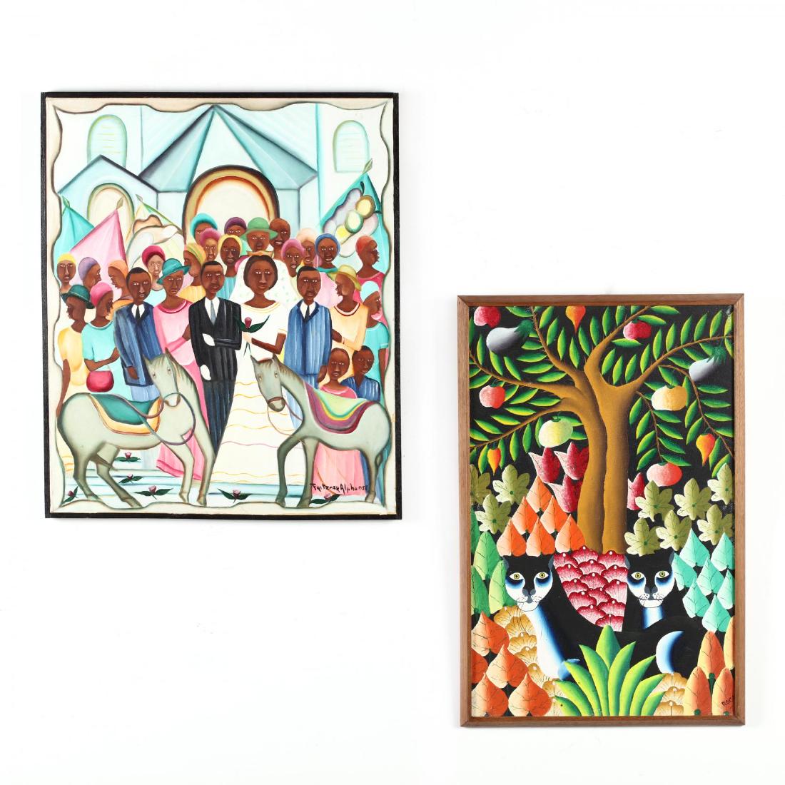 Two Vintage Haitian Oil Paintings, Fritzner Alphonse: Two Vintage Haitian Oil Paintings, Fritzner Alphonse and Roger the first depicting two jaguars in a colorful jungle, signed "Roger" at lower right, framed (DOA 25.25 x 16.5 in.) (rubbing to edges of c