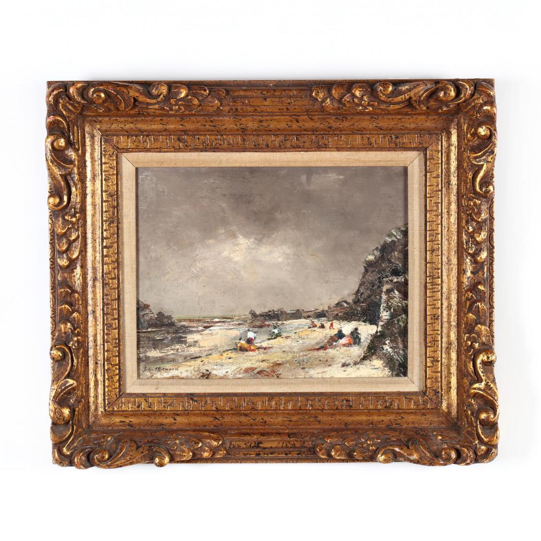 John Horwood (English, b. 1934), The Cove: John Horwood (English, b. 1934), The Cove oil on canvas, signed at lower left, inscribed and signed on the verso, circa 1969, presented in a hand-carved gilt frame with linen liner. DOA 19.5 x 22 in. 