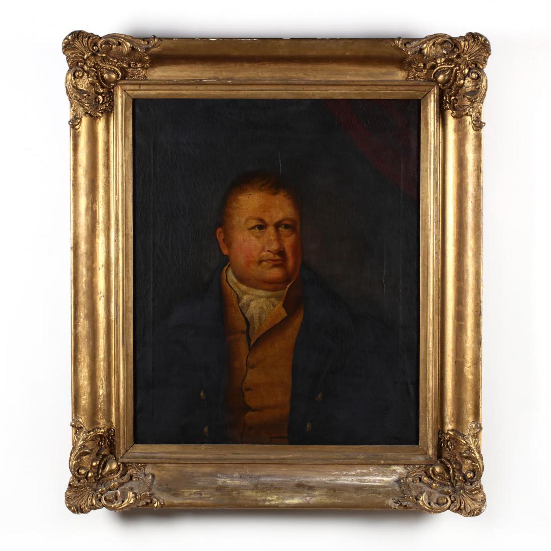 An Antique English School Portrait of a Man: An Antique English School Portrait of a Man oil on canvas, unsigned, circa 1840, presented in a period gilt composition frame. DOA 40 x 35 in. From the Collection of Michael Joyce, Greensboro, NC Addi