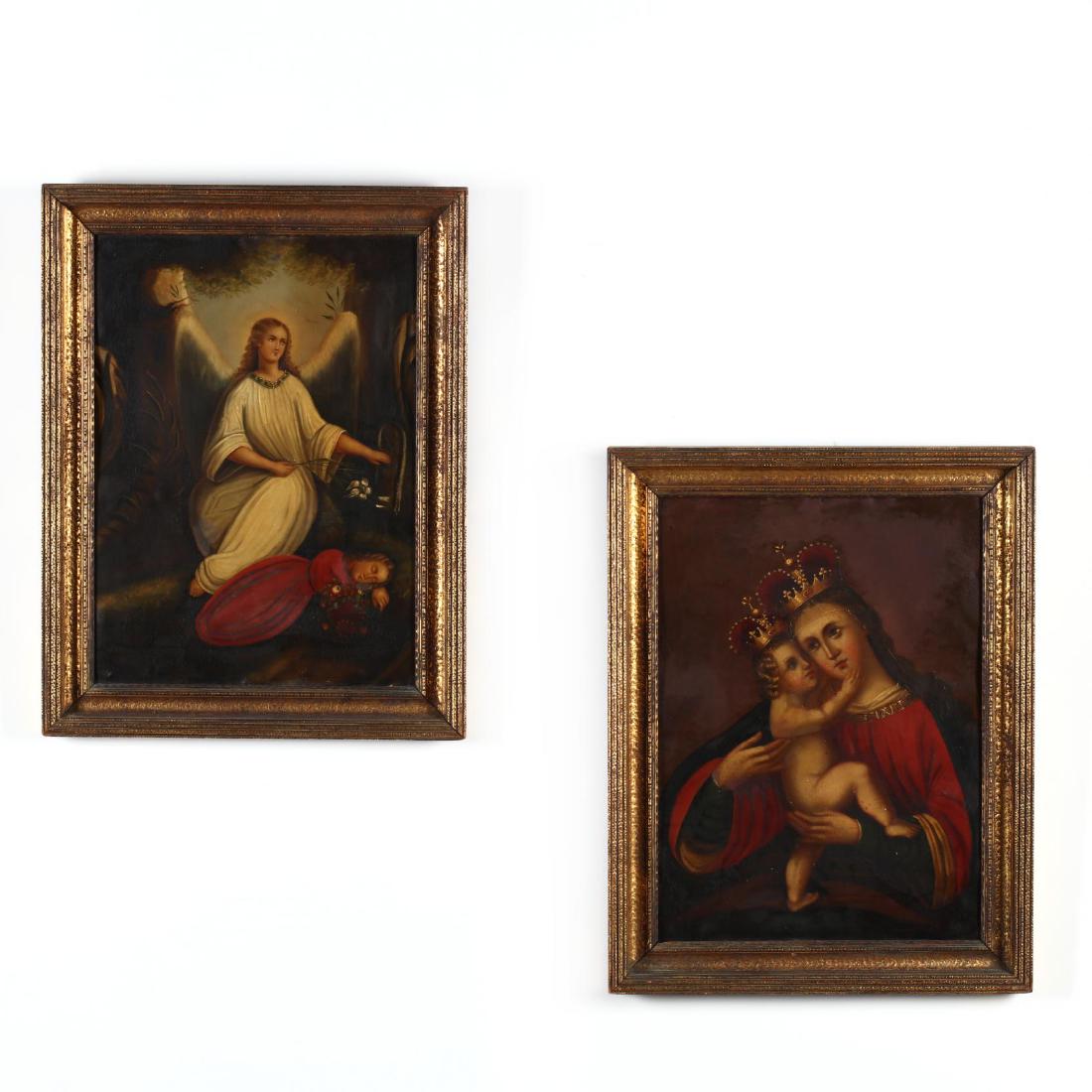 Two Antique Mexican Tin Retablos: Two Antique Mexican Tin Retablosboth late 19th century and finely painted, the first depicting the Madonna and Christ Child with crowns, the second depicting a guardian angel watching over a sleeping