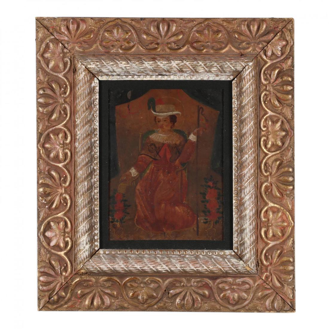 An Antique Mexican Retablo of the Holy Child of Atocha: An Antique Mexican Retablo of the Holy Child of Atocha oil on tin, 19th century, presented in a later frame. DOA 17 x 15 in. From the Collection of Michael Joyce, Greensboro, NC Additional high-resolu