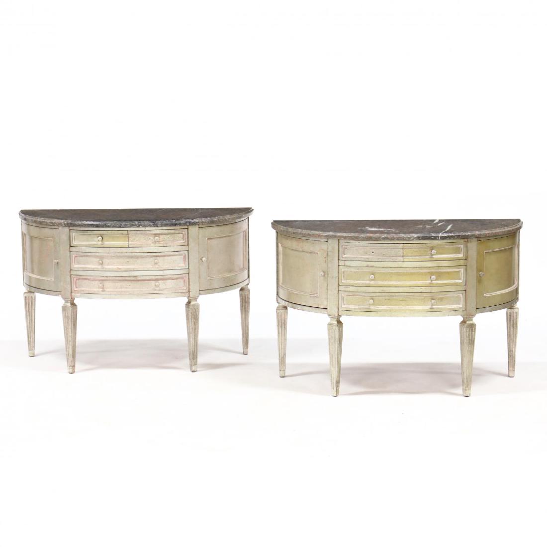 Pair of Louis XVI Style Marble Top Diminutive Commodes: Pair of Louis XVI Style Marble Top Diminutive Commodes late 20th century, demilune form, grey marble tops with pink speckling and molded edge, case with silver leaf finish having two over two drawers 