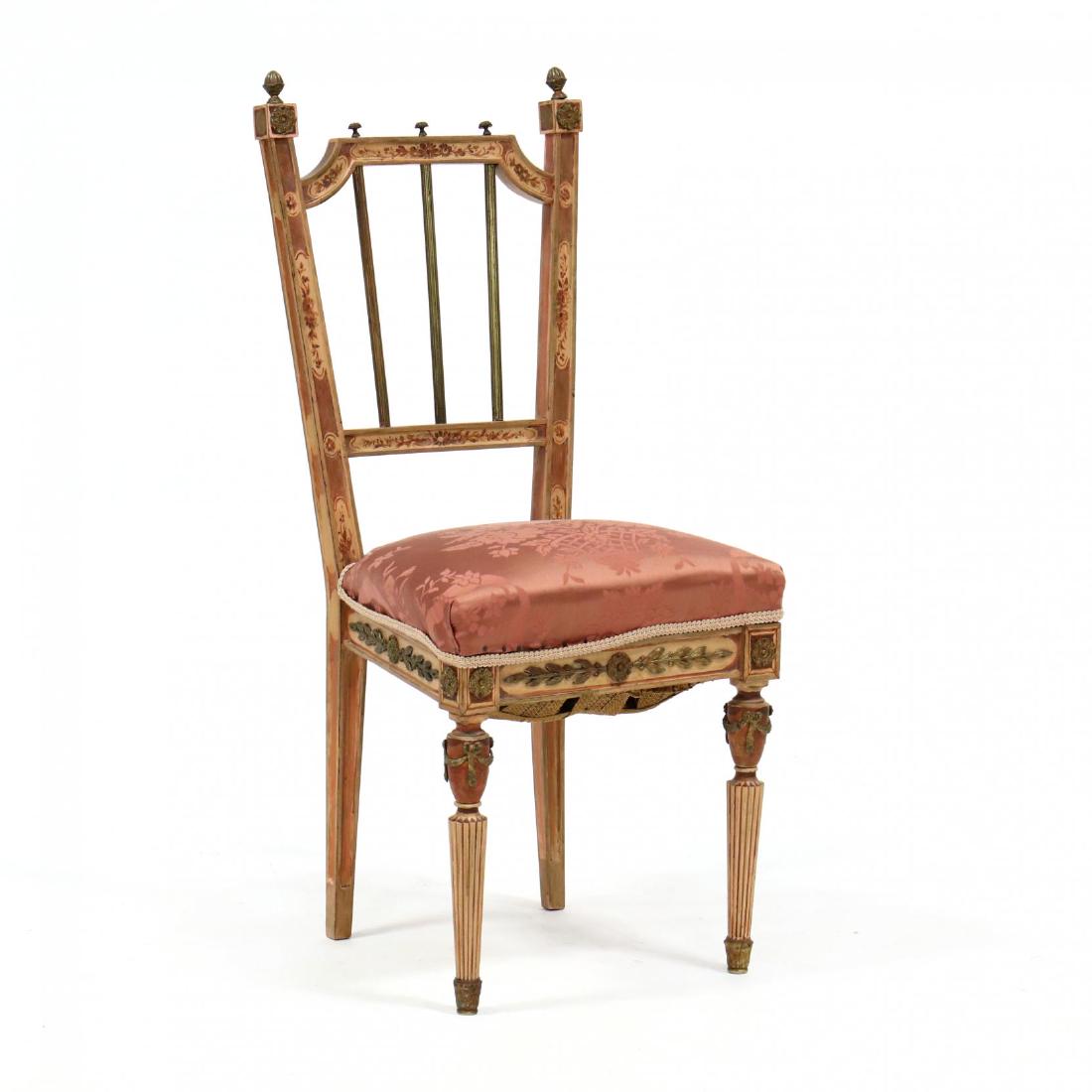 Louis XVI Style Painted Side Chair: Louis XVI Style Painted Side Chair second half 20th century, painted wood frame with rose field and floral decoration with ormolu mounts, pink damask upholstery raised on reeded legs. 36 x 16 x 15 in.