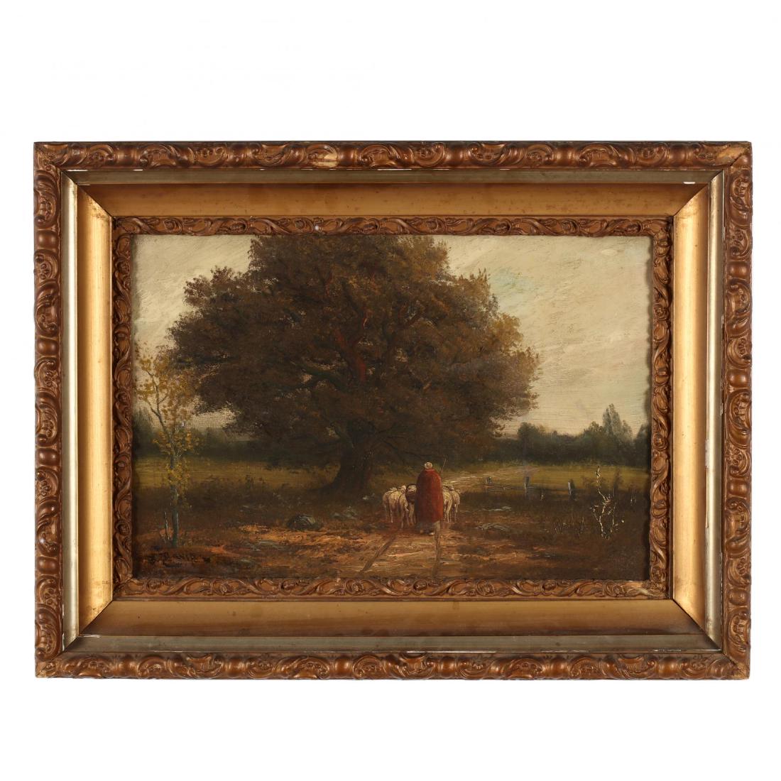 Continental School (19th Century), A Shepherd and His: Continental School (19th Century), A Shepherd and His Flock oil on canvas, circa 1900, with indiscernible signature at lower right, presented in antique giltwood and composition frame. DOA 18 x 24 in.