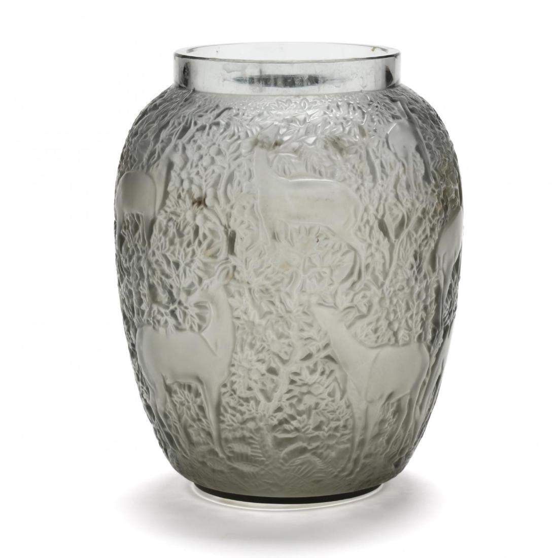 Lalique "Biches" Smoky Glass Deer Vase: Lalique "Biches" Smoky Glass Deer Vase France, late 20th century, molded crystal with frosted and polished surface, signed. 6.75 in. The Estate of the late Rushton W. Hays, St. Augustine, FL Additiona