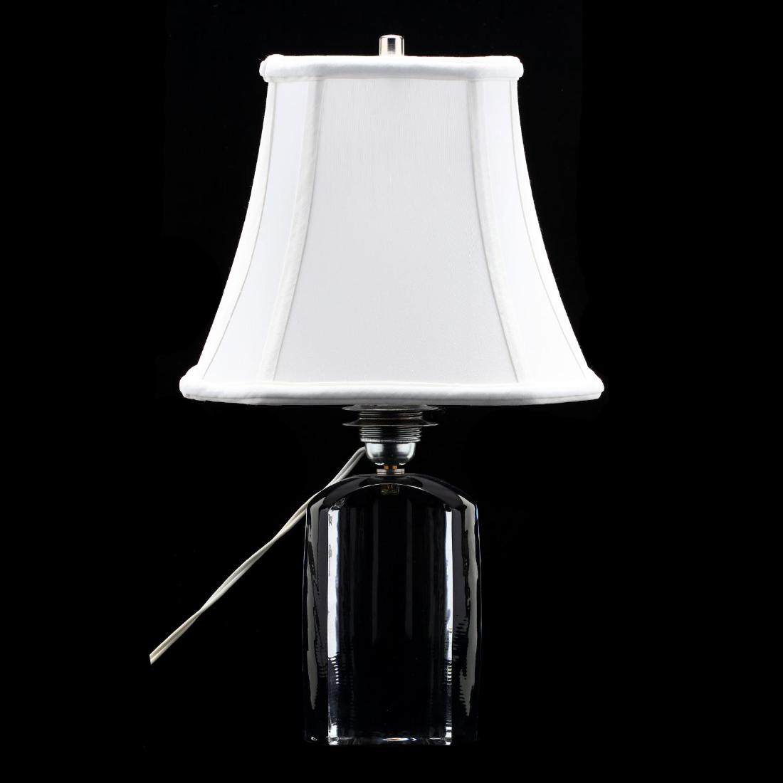 Modernist Baccarat Table Lamp: Modernist Baccarat Table Lamp France, late 20th century, clear crystal with concave sides, with clip on shade, signed. HOA 18 in. The Estate of the late Rushton W. Hays, St. Augustine, FL Additional h