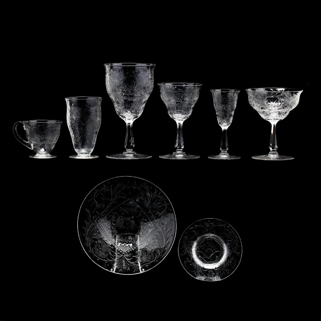 46 Pieces of Wheel Cut Elegant Stemware: 46 Pieces of Wheel Cut Elegant Stemware early 20th century, including (6) red wine goblets (6.25 in.); (11) coupes (4.5 in); (8) cordials (4.5 in.); (3) juice glasses (4 in.); (7) white wine stems (5 