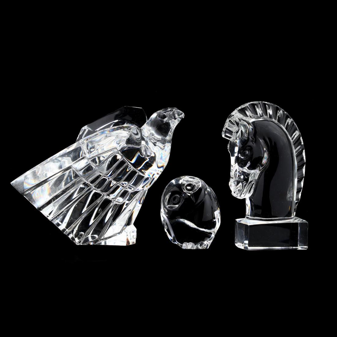 Three Steuben Crystal Animals: Three Steuben Crystal Animals Corning, New York, late 20th century, including an eagle, horse head and owl, each signed. Tallest 5 in. The Estate of the late Rushton W. Hays, St. Augustine, FL Additio