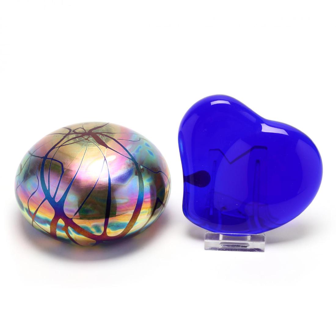 Tiffany & Co. and Intaglio Art Glass Paperweights: Tiffany & Co. and Intaglio Art Glass Paperweights late 20th century, including a cobalt heart shaped paperweight designed by Elsa Peretti; and an Anton Intaglio iridescent paperweight, each marked. Ta