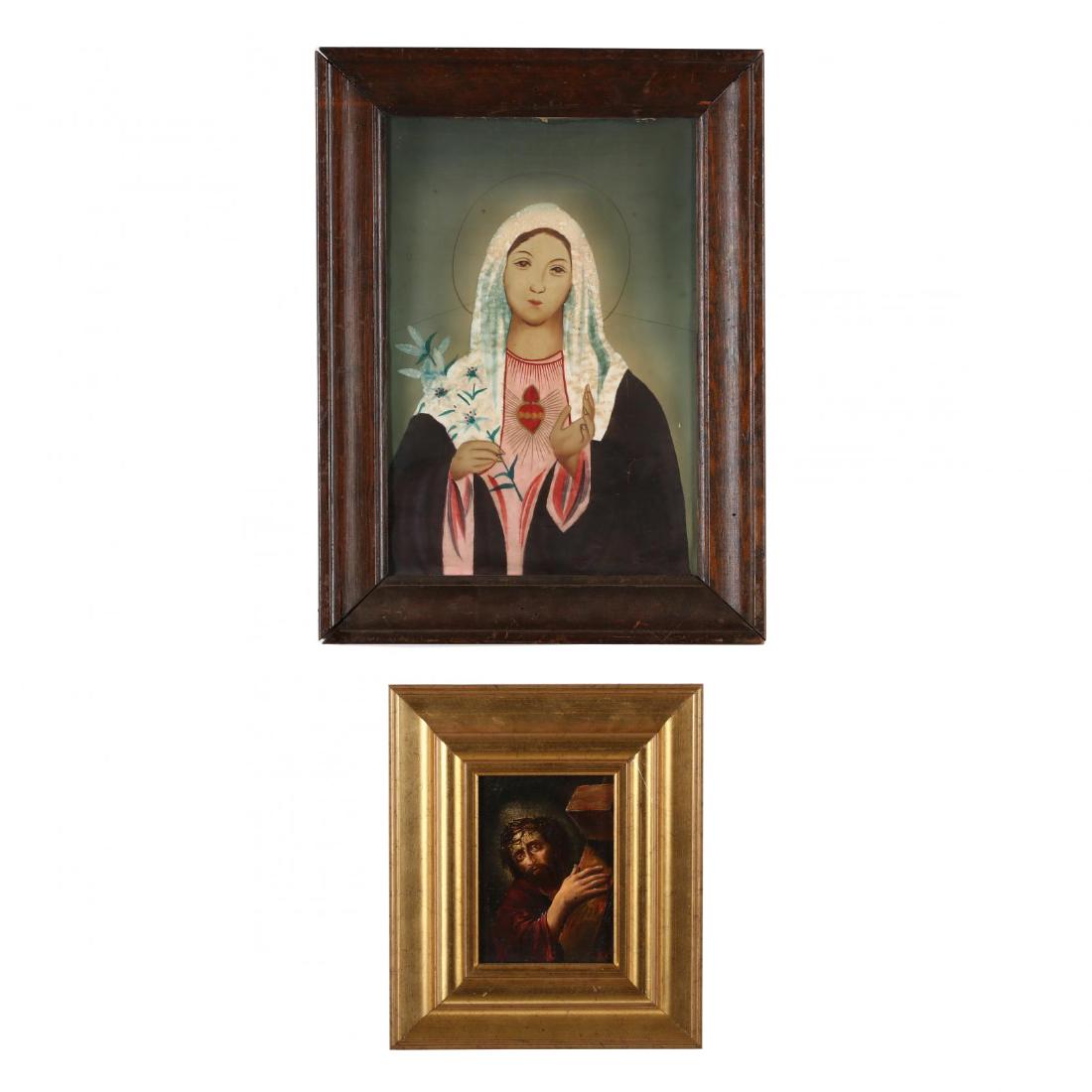 Two Framed Devotional Works: Two Framed Devotional Works20th century, the first is a Mexican retablo painted on silk of the Virgin, presented in wooden frame; the second is an oil painting on board of Christ with indiscernible si
