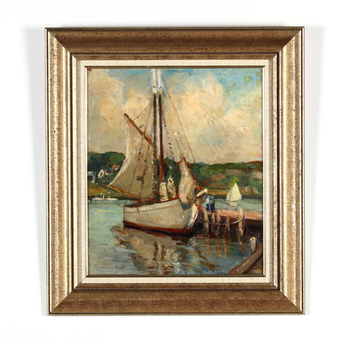 Caroline M. Bell (NY, 1874-1970), Docked Sailboat: Caroline M. Bell (NY, 1874-1970), Docked Sailboat oil on board, signed at lower left, presented in silvertone frame with linen liner. DOA 22 x 19.75 in. Additional high-resolution photos are available