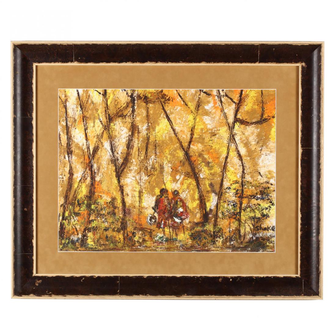 A Vintage African Painting of Figures within a: A Vintage African Painting of Figures within a Landscape mixed media on paper, signed at lower right, matted and framed under glass. DOA 28.5 x 34.5 in. The Estate of the late Rushton W. Hays, St. Aug