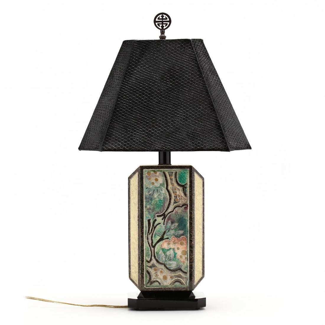Frederick Cooper, Art Deco Style Table Lamp: Frederick Cooper, Art Deco Style Table Lamplate 20th century, faux black alligator shade, incised and painted body with Chinoiserie decoration, labeled. HOA 24 in. Private Collection of a Lady, Richmo