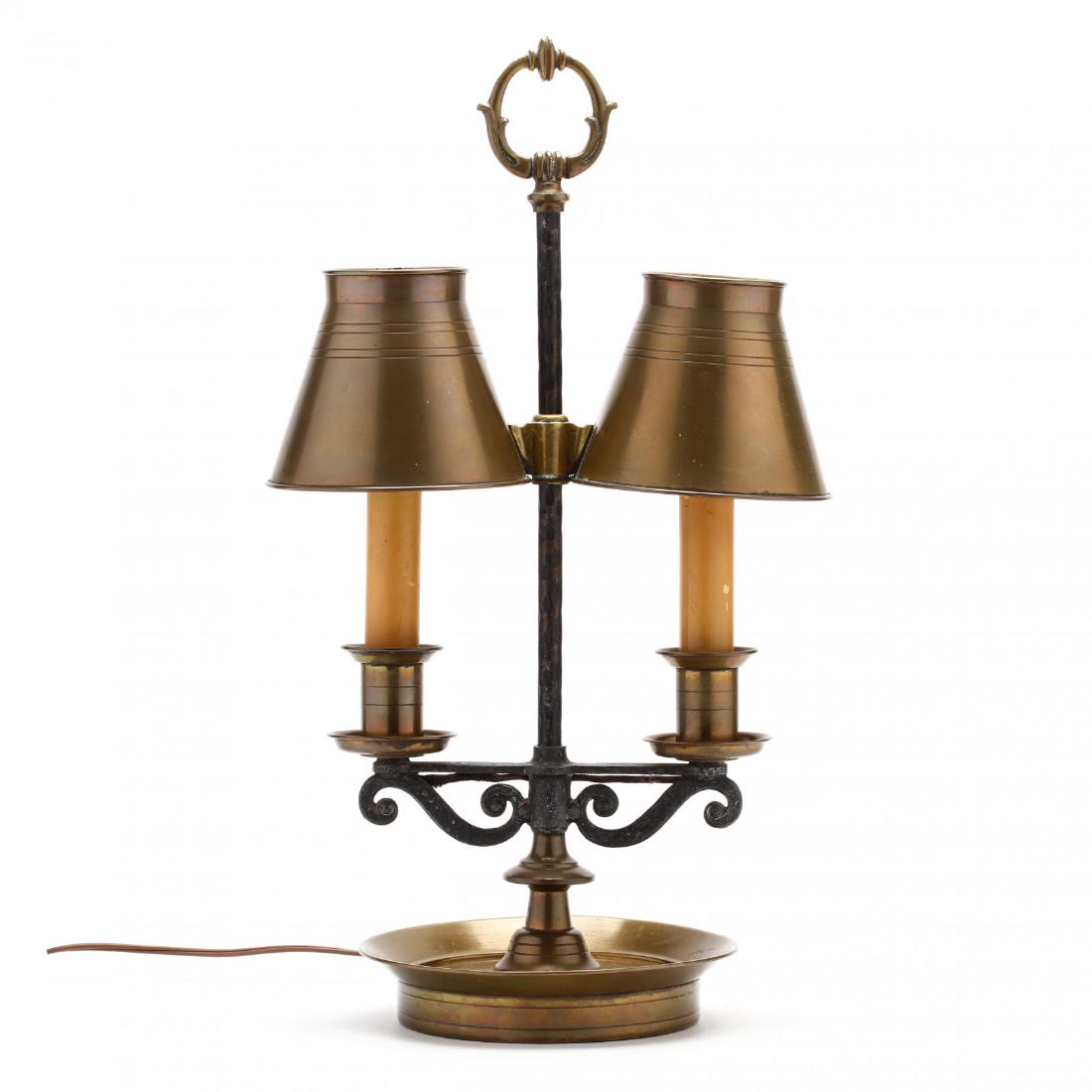 French Bouillotte Table Lamp: French Bouillotte Table Lamp mid 20th century, adjustable two light form in brass and iron. HOA 22 in. The Estate of the late Rushton W. Hays, St. Augustine, FL Additional high-resolution photos are a