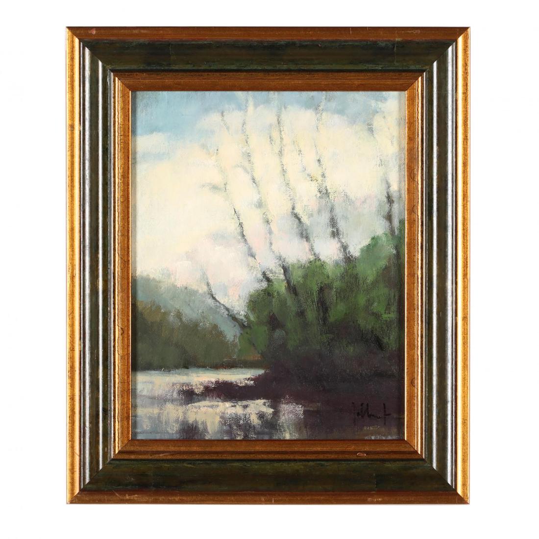 A Contemporary Landscape Painting: A Contemporary Landscape Painting oil on canvas board, illegible signature at lower right, framed. DOA 13 x 11 in. The Estate of the late Rushton W. Hays, St. Augustine, FL Additional high-resolution 