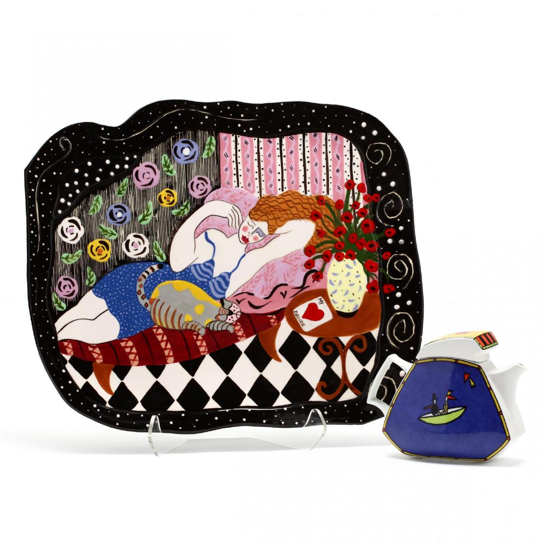 Two Contemporary Designer Ceramics: Two Contemporary Designer Ceramicsthe first a Rosenthal studio-linie Flash teapot by Dorothy Hafner and Kitti Kahane; and the second a large serving tray by Helen Alexa Wiegand depicting a woman and h