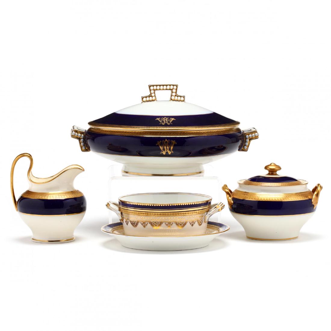 Antique English Porcelain: Antique English Porcelain second half 19th century, a Mintons cream jug and covered sugar; a lidded vegetable server, Cauldon; an open bowl with under plate attributed to Powell and Bishop (with caduc