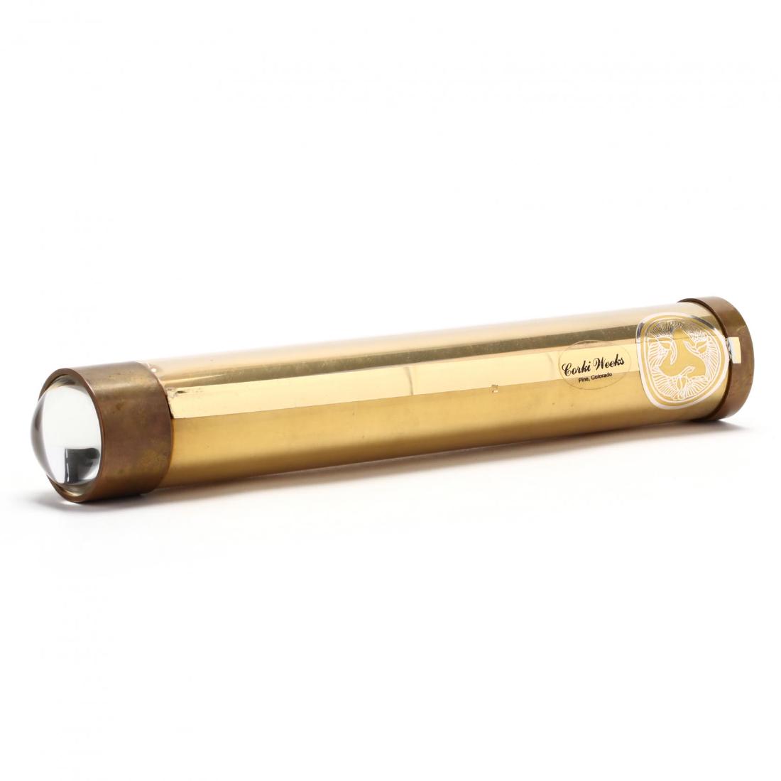 Vintage Artist Designed Kaleidoscope, Corki Weeks: Vintage Artist Designed Kaleidoscope, Corki Weeks late 20th century, with a series of interior mirrors and fixed ball at end, with artist's label to exterior of brass tube. 13.75 in. Private Collectio