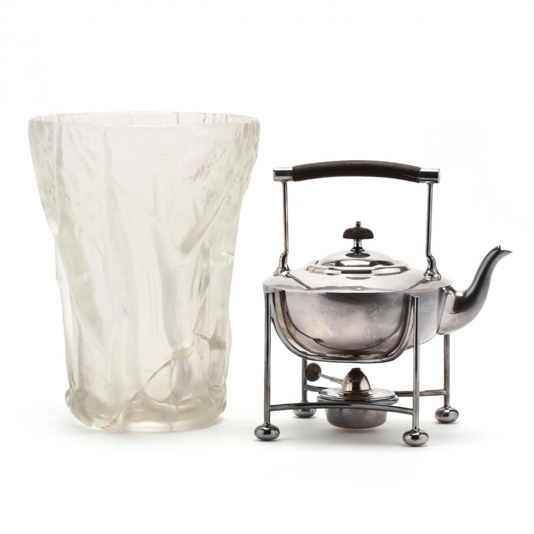Art Deco Tea Kettle and Vase: Art Deco Tea Kettle and Vaseearly 20th century, including a Birmingham tea kettle with ebony handle, stand with burner, by Daniel & Arter; and a Josef Inwald Barolac frosted glass vase of a forest int