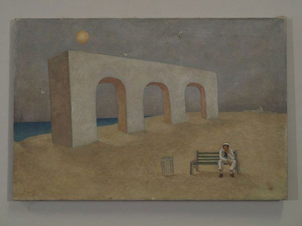 Emlen Etting (PA, 1905-1993), "Shore Leave,": Emlen Etting (PA, 1905-1993), "Shore Leave," oil on canvas, signed lower left "Etting," inscribed on verso of stretcher bar "Shore Leave 1941 12X24"" and "Box 3 (?) 11 Goes at Bottom of Box," a dreams