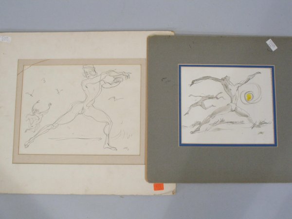 Emlen Etting (PA, 1905-1993), Two Male Dancers,: Emlen Etting (PA, 1905-1993), Two Male Dancers, the first a mixed media on paper depicts two young men leaping across a landscape, a brilliant yellow sun above, signed "Etting," (SS 8"h x 9.25"); the