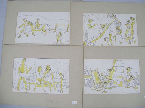 Emlen Etting (PA, 1905-1993), Pocono Manor,: Emlen Etting (PA, 1905-1993), Pocono Manor, four charming ink illustrations with bright yellow wash, the first titled "Pocono Manor," the second "The Kindergarten Pocono Manor," the third "Pocono Mano