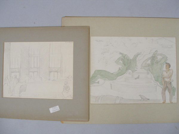 Emlen Etting (PA, 1905-1993), Philadelphia Scenes,: Emlen Etting (PA, 1905-1993), Philadelphia Scenes, the first a mixed media on paper, signed lower right "Etting," titled in upper left corner "Logan Circle Philadelphia," depicts a lone male figure sm