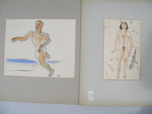 Emlen Etting (PA, 1905-1993), Two Nudes,: Emlen Etting (PA, 1905-1993), Two Nudes, the first a mixed media on paper male nude figure that has been pasted onto a handmade paper laid with petals and ferns, signed and dated in the lower right co