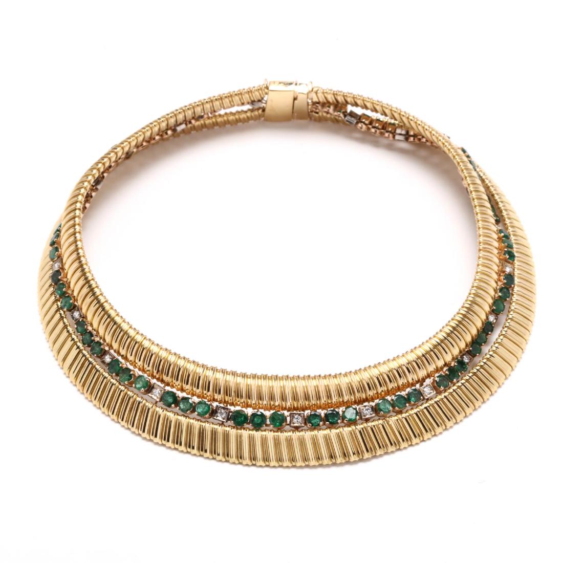 18KT Gold, Emerald, and Diamond Choker Necklace: 18KT Gold, Emerald, and Diamond Choker Necklace the two tapered and ribbed textured gold rows centered with a row of prong set round cut emeralds alternating with round brilliant cut diamonds, complet
