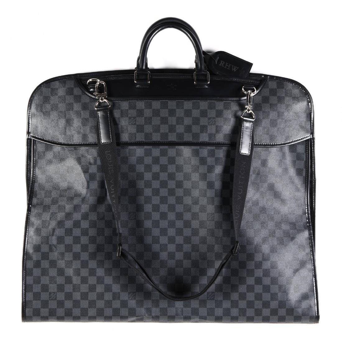 Fold Over Damier Graphite Garment Cover, Louis Vuitton: Fold Over Damier Graphite Garment Cover, Louis Vuitton made in France, durable canvas with black calfskin trim, dual rounded leather handles, removable and adjustable shoulder strap allows hands free 