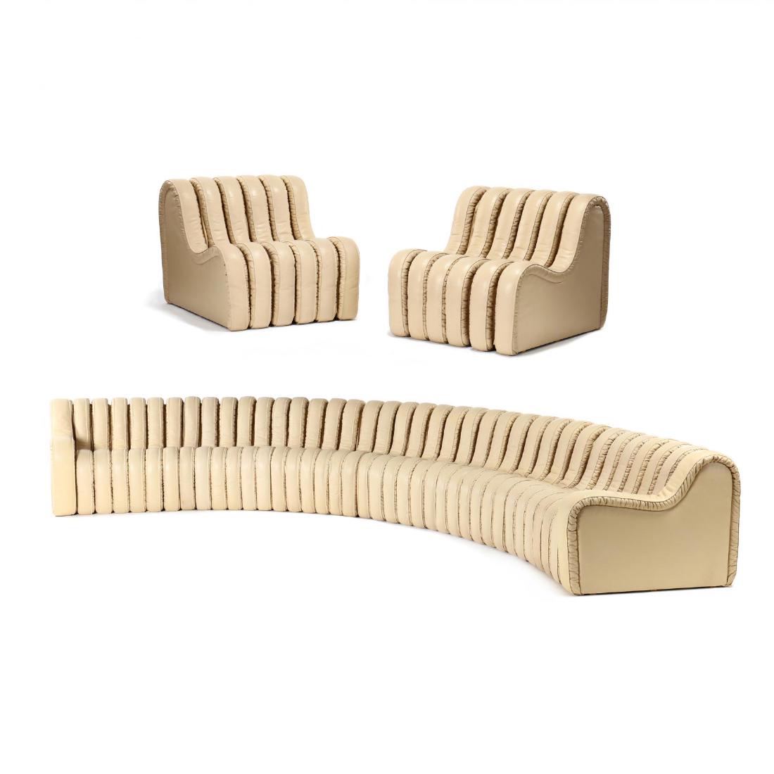 Berger, Peduzzi-Riva and Ulrich, DS 600 Organic Sofa: Berger, Peduzzi-Riva and Ulrich, DS 600 Organic Sofa and Two Chairs1972, Switzerland, designed by Ueli Berger, Eleanora Peduzzi-Riva and Heinz Ulrich for De Sede, in beige leather, comprised of six zi