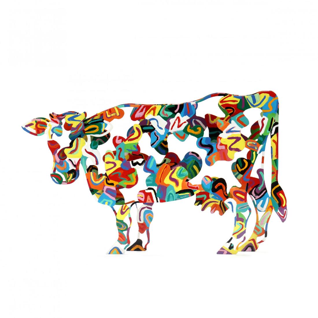 David Gerstein (Israeli, born 1944), Pattern Cow: David Gerstein (Israeli, born 1944), Pattern Cowhand-painted laser-cut steel sculpture, 1998, signed and numbered 31/295, sculpture consists of two layers and has metal mounts for wall hanging. 25 1/2
