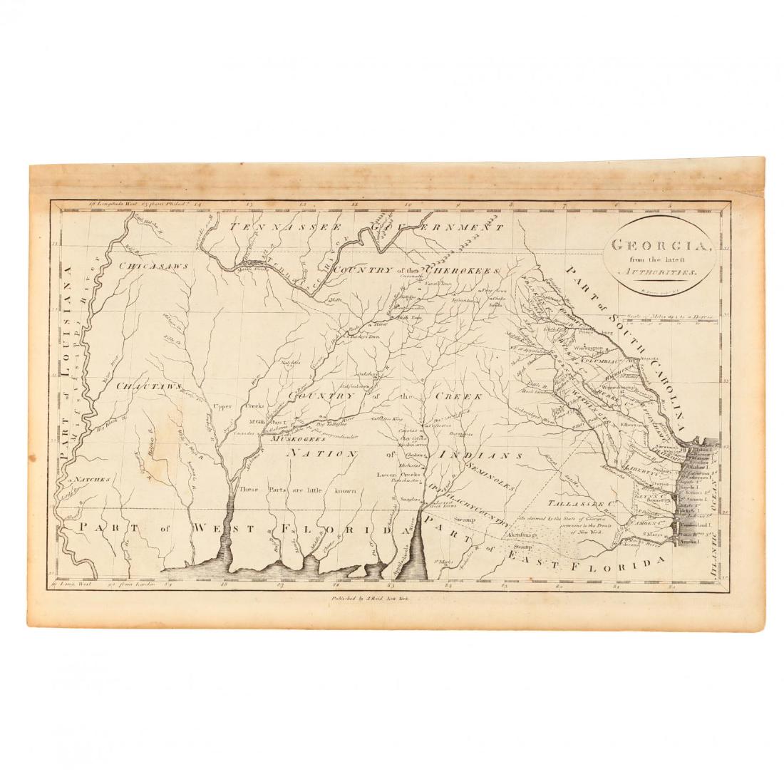 Late 18th Century Map of Georgia: Late 18th Century Map of Georgia Georgia from the latest Authorities (New York: J. Reid, 1796), copperplate engraving by Benjamin Tanner, no color, presented in mat, unframed. Plate 8.75 x 15.25 in.; 