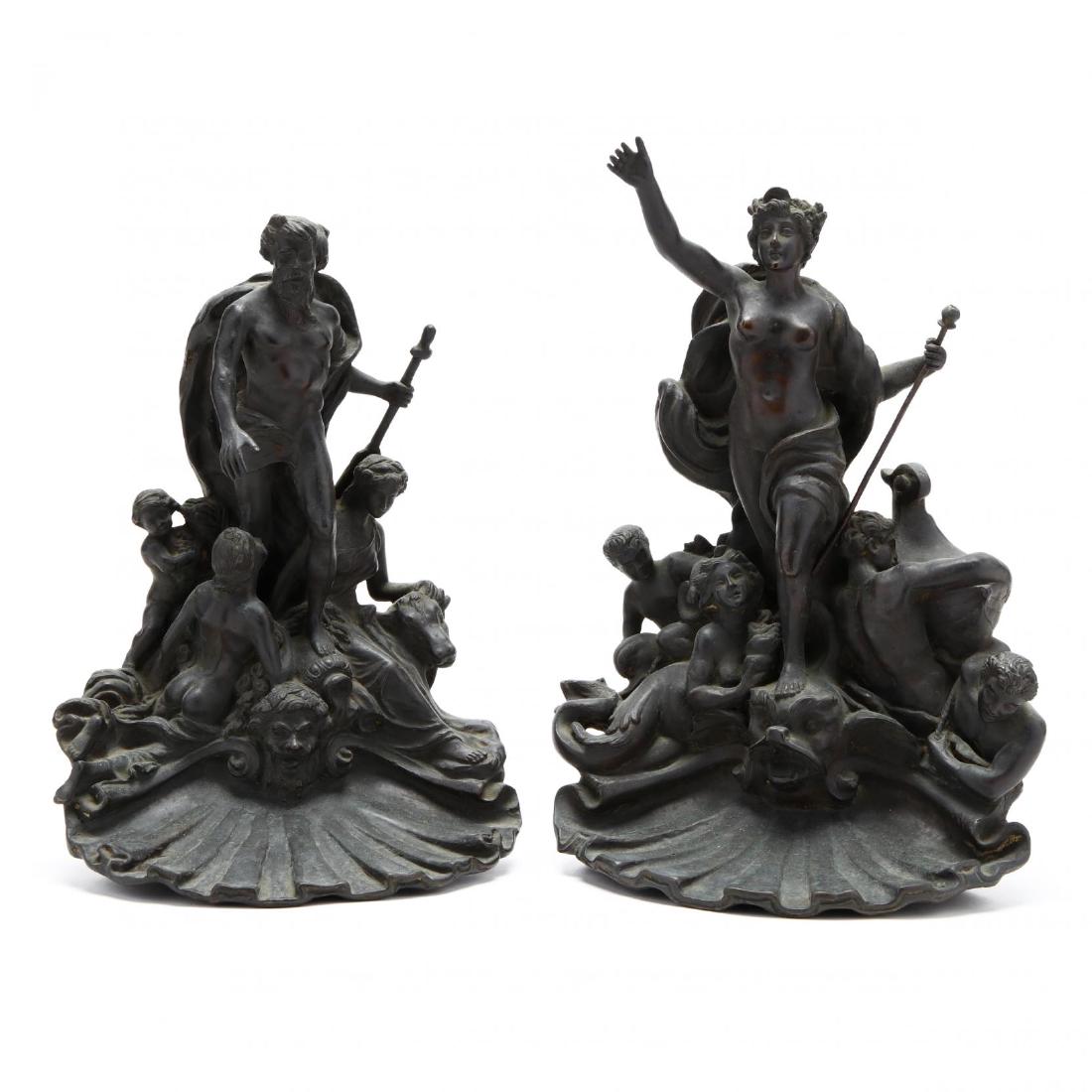 Pair of Rare Venetian Bronze Mythological Figural Door: Pair of Rare Venetian Bronze Mythological Figural Door Knockers 19th century, the first likely of Neptune standing atop a shell with an animal and two female figures and a child, the second of Salacia