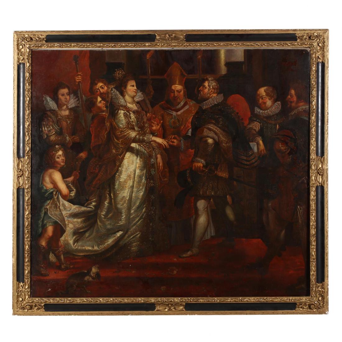 after Peter Paul Rubens (1577-1640), The Wedding by: after Peter Paul Rubens (1577-1640), The Wedding by Proxy of Marie de Medici to King Henry IV oil on canvas (lined), unsigned, 19th century or earlier, presented in a vintage carved gilt and ebonized 