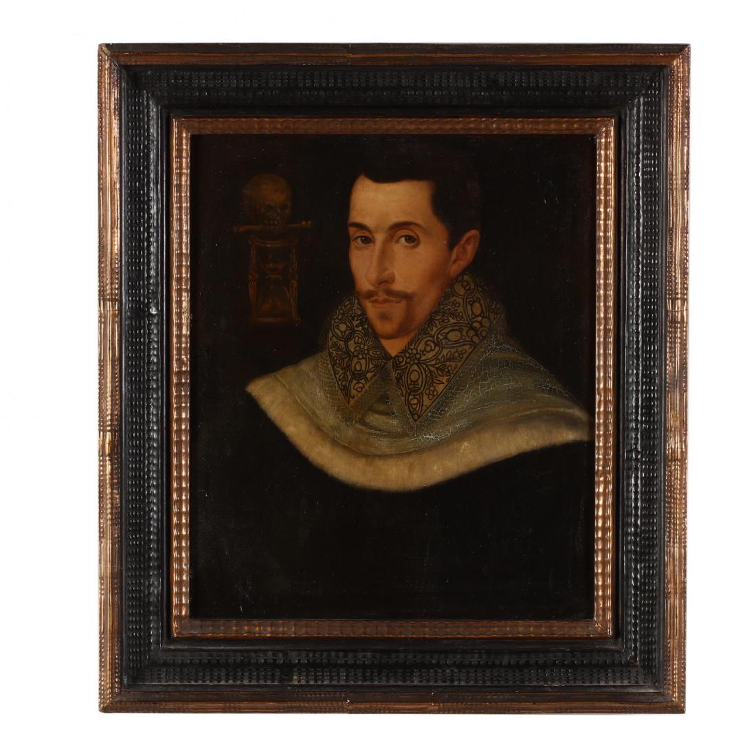 An Antique Copy of a Tudor Portrait of Composer John: An Antique Copy of a Tudor Portrait of Composer John Bulloil on panel, unsigned, early 20th century, presented in an antique ebonized and gilt Dutch style ripple frame, the verso of the panel bears a