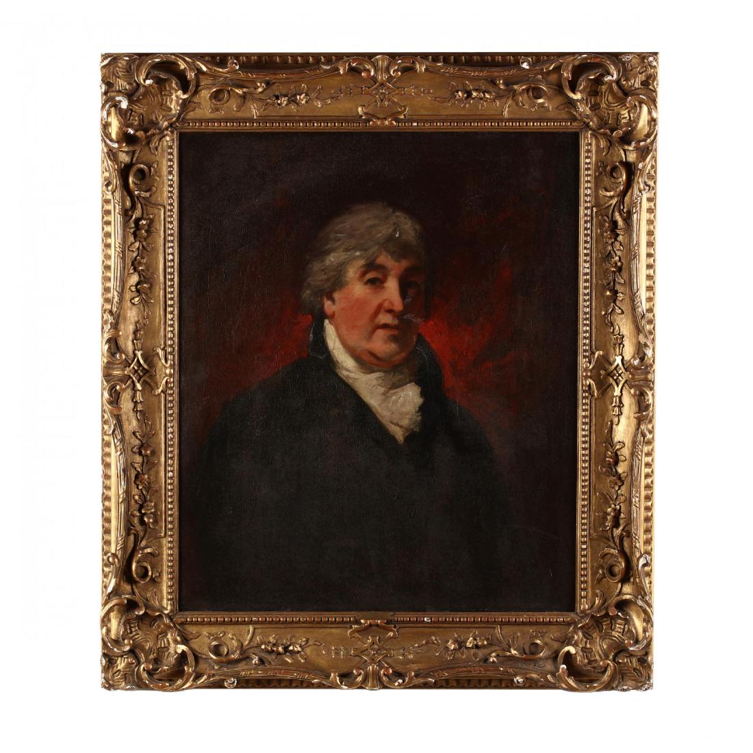 att. John Hoppner (English, 1758-1810), Portrait of a: att. John Hoppner (English, 1758-1810), Portrait of a Man oil on canvas (lined), unsigned, presented in a later gilt frame with gallery plaque. SS 29.5 x 24.5 in.; DOA 39.5 x 34.25 in. From the Collec
