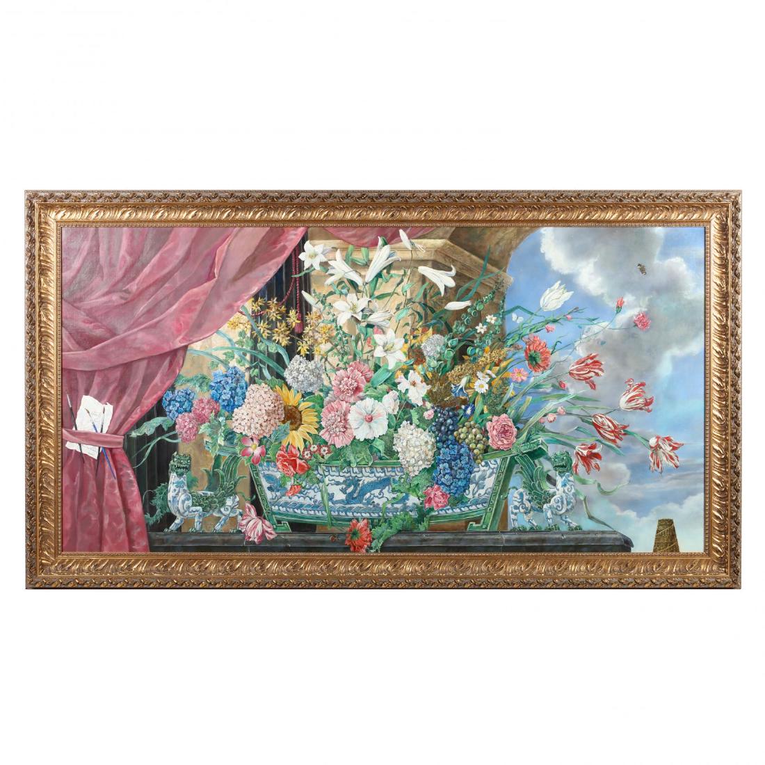 FrÌ©dÌ©ric Monpoint (French), Chinoiserie Still Life: FrÌ©dÌ©ric Monpoint (French), Chinoiserie Still Life Mural with Flowers oil on canvas, signed at lower left, presented in an ornate gilt composition frame. DOA 86.5 x 48.5 in. A decorative painter