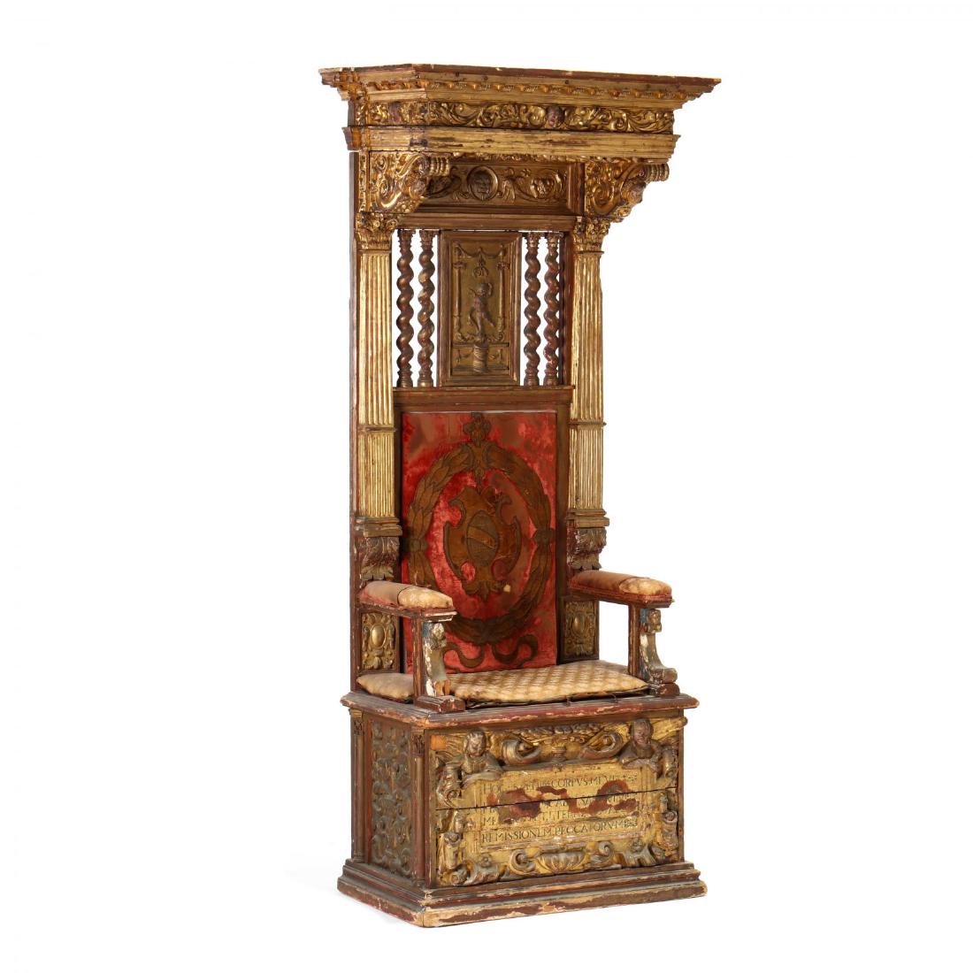 Venetian Baroque Style Carved and Gilt Throne Chair: Venetian Baroque Style Carved and Gilt Throne Chair first half of the 19th century, well-developed valance with corbels, frieze with putti and foliate and corbel supports with putto, underside with hi