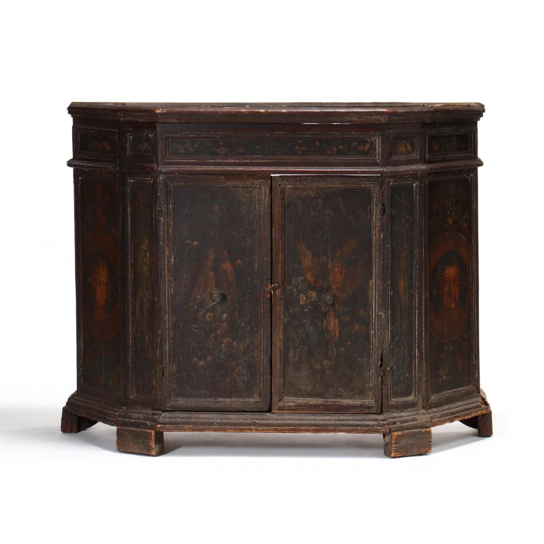 Italian Paint Decorated Credenza: Italian Paint Decorated Credenza late 17th century to early 18th century, mixed hardwood, pine secondary, rectangular flat wall form with deep canted corners featuring an allover dark painted field wi
