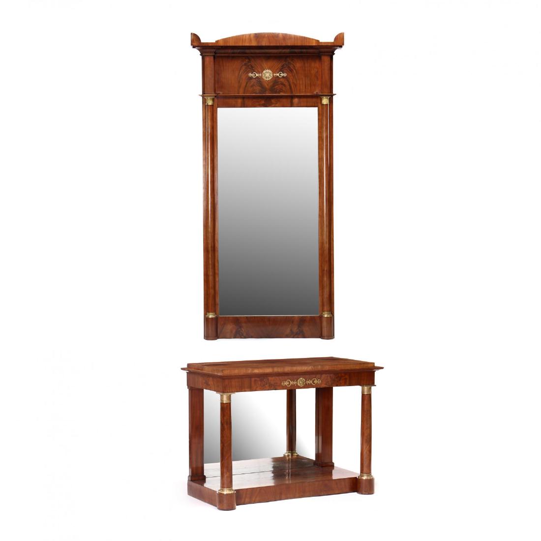 Neoclassical Mahogany Pier Table With Mirror: Neoclassical Mahogany Pier Table With Mirror mid-19th century, flame mahogany veneers, with machine turned ormolu mounts, large rectangular mirror with arched and cove molded cornice, over rectangular
