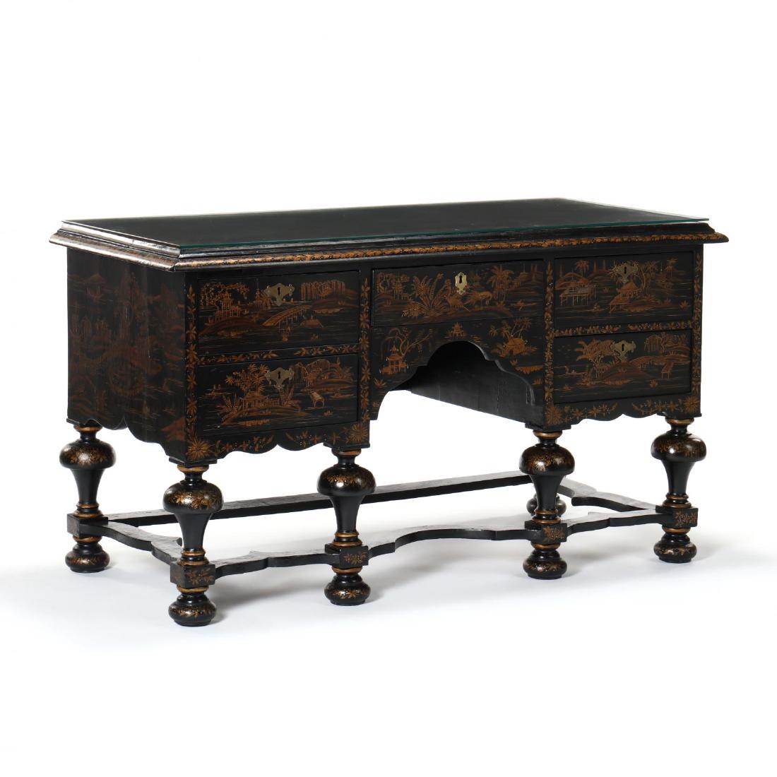William and Mary Style Chinoiserie Decorated Writing: William and Mary Style Chinoiserie Decorated Writing Desk late 19th century, oak secondary, case with all over black field and painted and gilt Chinoiserie decoration, later protective glass panel to 