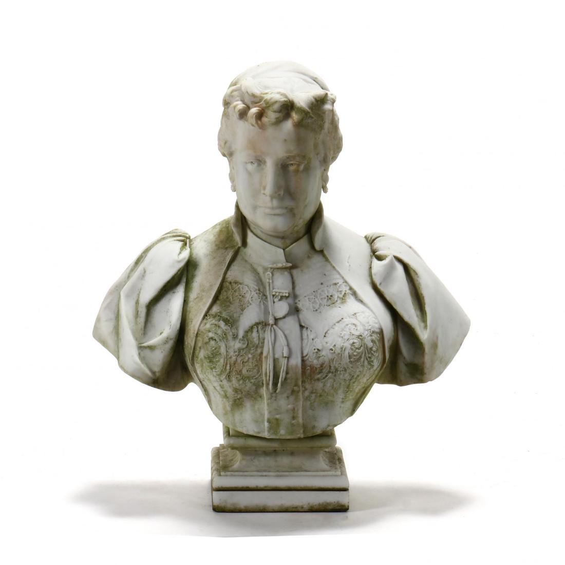 Giuseppe Gambogi (Italian, 1862-1938), Female Bust: Giuseppe Gambogi (Italian, 1862-1938), Female Bust possibly of the Countess of Mont Joye, signed "G. Gambogi Firenze" en verso, finely carved lace bodice with brooch and other jewelry. 30 x 26 x 13 in