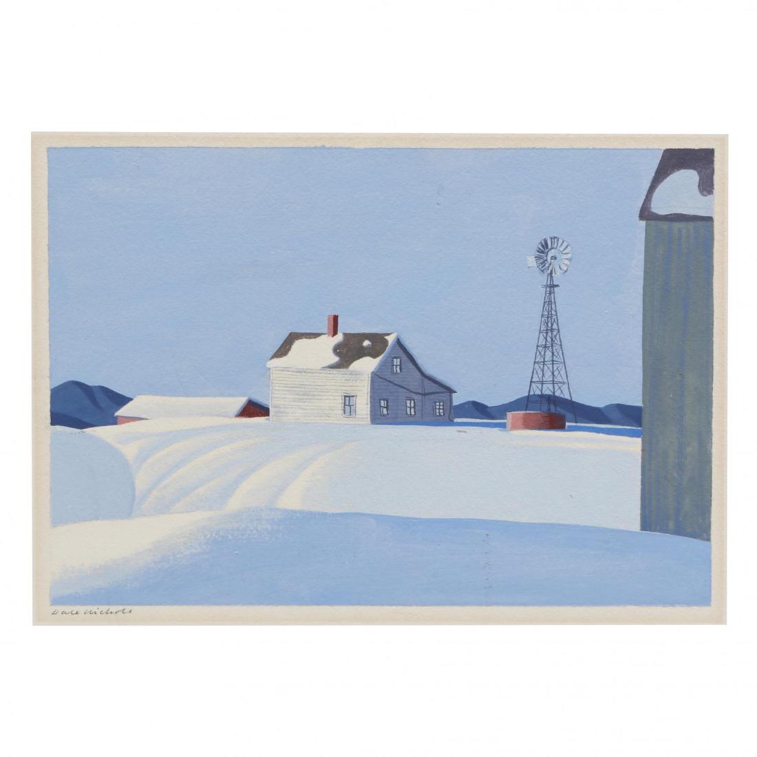 Dale Nichols (American, 1904-1995), Farm in Winter: Dale Nichols (American, 1904-1995), Farm in Winter gouache on wove paper, signed at lower left below image; matted and framed under glass. Image 5 x 7 3/16 in.; Sheet 7.5 x 10 1/8 in.; DOA 15 x 17 in.