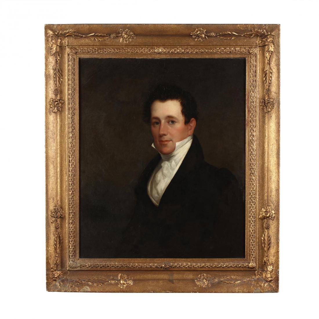 Thomas Sully (PA, 1783-1872), Portrait of John Bispham: Thomas Sully (PA, 1783-1872), Portrait of John Bisphamcirca 1834, oil on canvas (lined), unsigned, half-length portrait of the gentleman dressed in a dark jacket juxtaposed against a snowy white crava